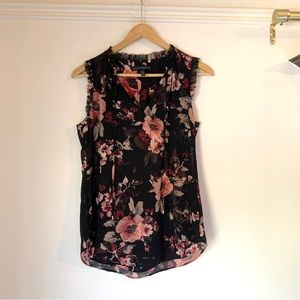 WHBM Sleeveless Dark Floral Ruffle Blouse